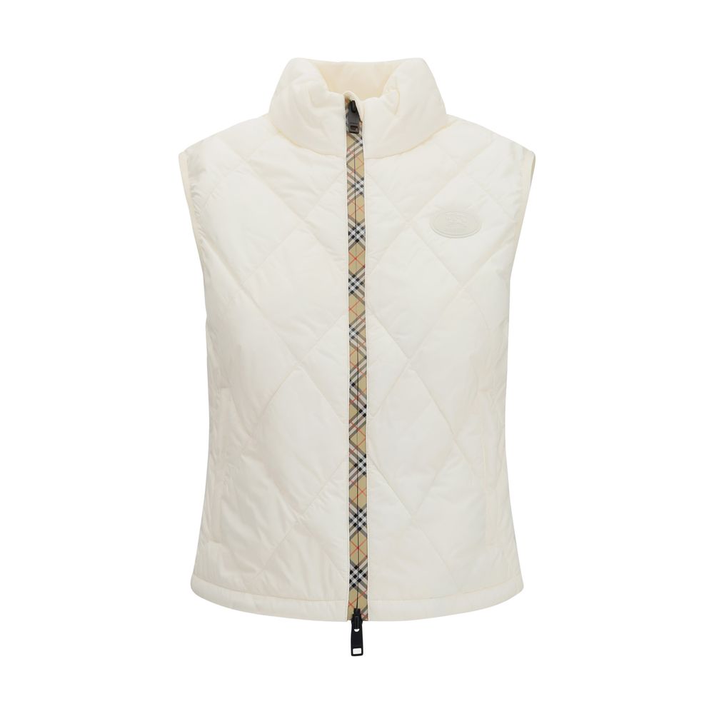 Vest by Burberry for women in nylon & polyester white & patterned showcases a dynamic silhouette, perfectly balancing lightweight, pockets & insulated with a dynamic for a sophisticated, high-fashion look.