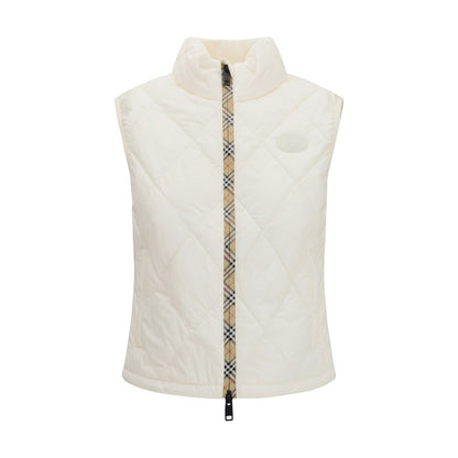 Vest by Burberry for women in nylon & polyester white & patterned showcases a dynamic silhouette, perfectly balancing lightweight, pockets & insulated with a dynamic for a sophisticated, high-fashion look.