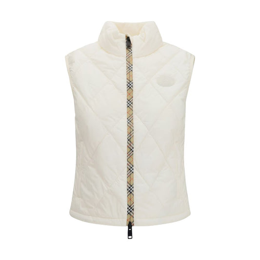 Vest by Burberry for women in nylon & polyester white & patterned showcases a dynamic silhouette, perfectly balancing lightweight, pockets & insulated with a dynamic for a sophisticated, high-fashion look.