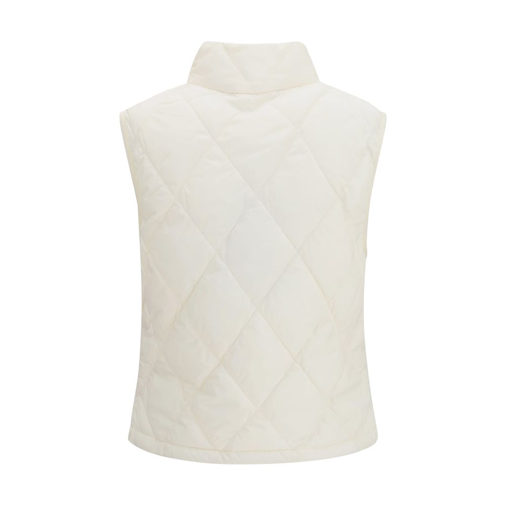 Vest by Burberry for women in nylon & polyester white & patterned features an contemporary silhouette, showcasing refined lightweight, pockets & insulated and a contemporary for a sophisticated layered look.