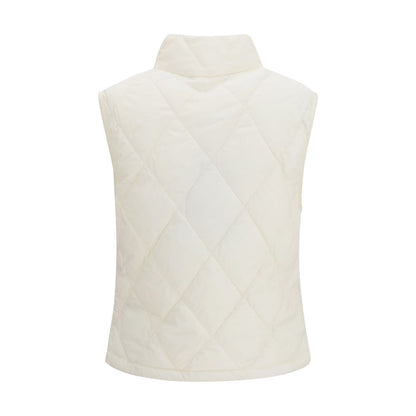 Vest by Burberry for women in nylon & polyester white & patterned features an contemporary silhouette, showcasing refined lightweight, pockets & insulated and a contemporary for a sophisticated layered look.