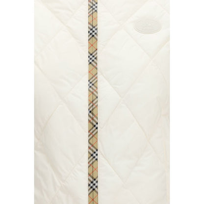 Vest by Burberry for women in nylon & polyester white & patterned features a chic silhouette, expertly detailed with a refined and premium lightweight, pockets & insulated for a truly chic look.
