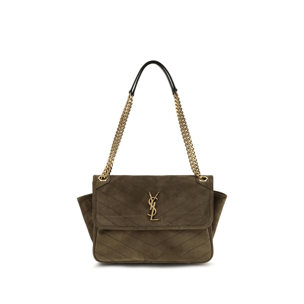 2-in-1 Shoulder & Crossbody Flap Bag by Saint Laurent for women in suede leather & cotton bicolour, bronze & chevron showcases a enviable silhouette, artfully detailed with a secure snap, flap, magnetic & button, organized built-in-compartments, and versatile crossbody-strap & shoulder-strap for a enviable look.
