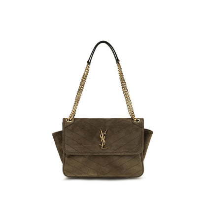 2-in-1 Shoulder & Crossbody Flap Bag by Saint Laurent for women in suede leather & cotton bicolour, bronze & chevron showcases a enviable silhouette, artfully detailed with a secure snap, flap, magnetic & button, organized built-in-compartments, and versatile crossbody-strap & shoulder-strap for a enviable look.
