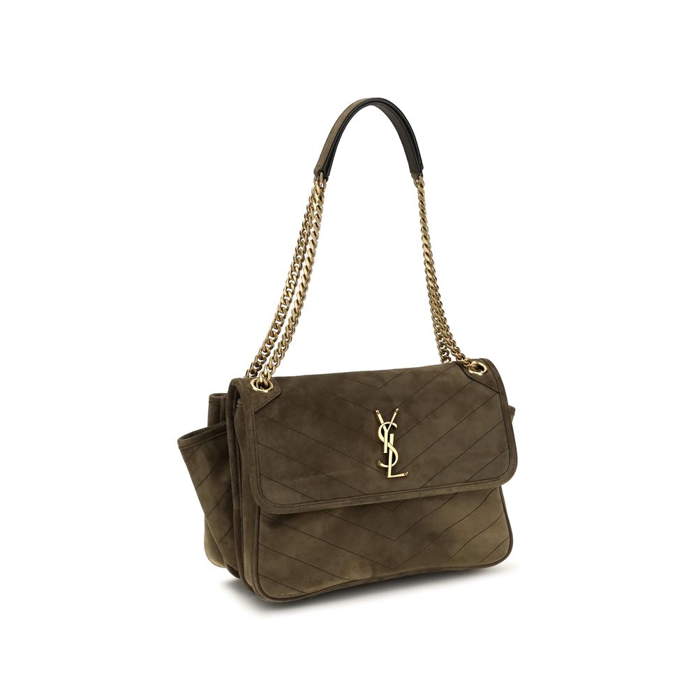 2-in-1 Shoulder & Crossbody Flap Bag by Saint Laurent for women in suede leather & cotton bicolour, bronze & chevron features a distinguished silhouette, showcasing a secure snap, flap, magnetic & button and distinguished built-in-compartments with versatile crossbody-strap & shoulder-strap for a distinguished finish.
