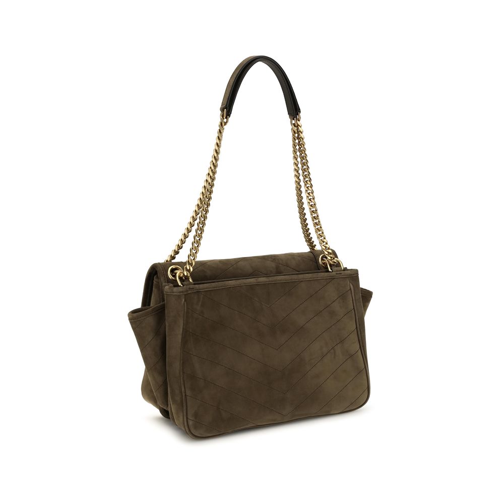 2-in-1 Shoulder & Crossbody Flap Bag by Saint Laurent for women in suede leather & cotton bicolour, bronze & chevron presents a versatile silhouette, showcasing a secure snap, flap, magnetic & button and versatile built-in-compartments with versatile crossbody-strap & shoulder-strap for a sophisticated look.
