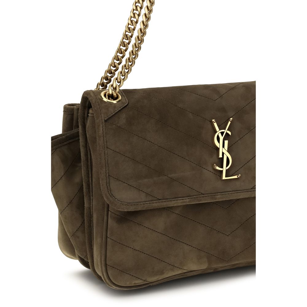 2-in-1 Shoulder & Crossbody Flap Bag by Saint Laurent for women in suede leather & cotton bicolour, bronze & chevron features a enviable silhouette, showcasing a secure snap, flap, magnetic & button, ample built-in-compartments, and enviable crossbody-strap & shoulder-strap for a enviable finish.