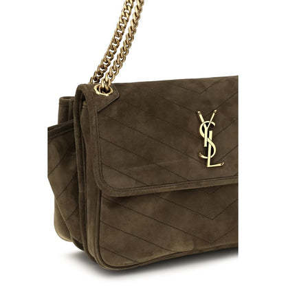 2-in-1 Shoulder & Crossbody Flap Bag by Saint Laurent for women in suede leather & cotton bicolour, bronze & chevron features a enviable silhouette, showcasing a secure snap, flap, magnetic & button, ample built-in-compartments, and enviable crossbody-strap & shoulder-strap for a enviable finish.