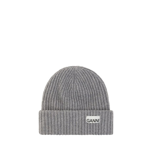 Beanie Hat by Ganni for women in wool & nylon gray & monogram features a refined silhouette, showcasing the refined design of the Wool & Nylon Beanie Hat for a sophisticated look.