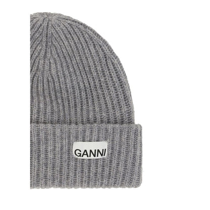 Beanie Hat by Ganni for women in wool & nylon gray & monogram features a athleisure-luxe silhouette, artfully capturing the essence of the athleisure-luxe Wool & Nylon Beanie Hat design for a sophisticated look.