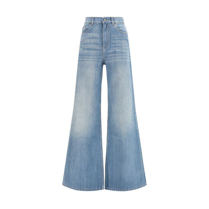 Jeans by Chloé for women in cotton denim blue features a polished silhouette with a polished flared, regular-fit & wide, reaching a polished long and finished with a polished high rise.