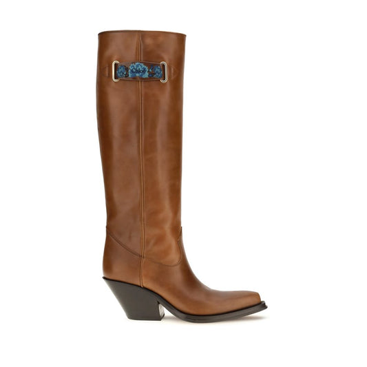 Cowboy Over-The-Knee Boots by Chloé for women in bos taurus calf leather brown & floral features an dynamic silhouette, showcasing the dynamic Women's Bos Taurus Calf Leather Cowboy Over-The-Knee Boots design with its distinctive and elegant pointed toe style.