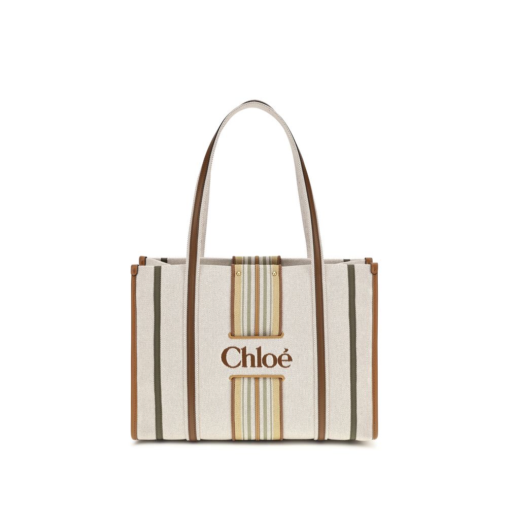 Shoulder Tote Bag by Chloé for women in cotton canvas & calf leather beige & striped presents a versatile silhouette, showcasing a secure magnetic and versatile with versatile shoulder-strap & belt-strap for a sophisticated look.
