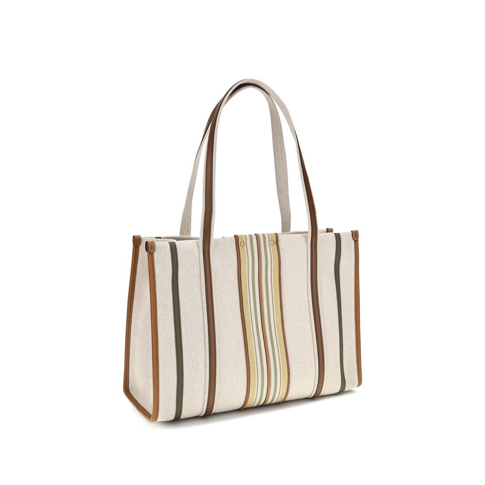 Shoulder Tote Bag by Chloé for women in cotton canvas & calf leather beige & striped features a enviable silhouette, showcasing a secure magnetic, ample , and enviable shoulder-strap & belt-strap for a enviable finish.