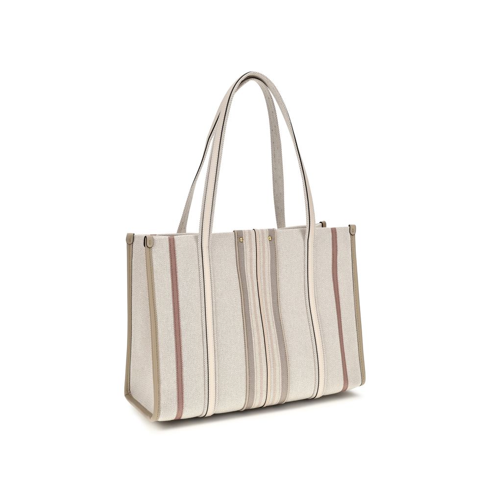 Shoulder Tote Bag by Chloé for women in cotton canvas & calf leather beige & striped features a enviable silhouette, showcasing a secure magnetic, ample , and enviable shoulder-strap & belt-strap for a enviable finish.