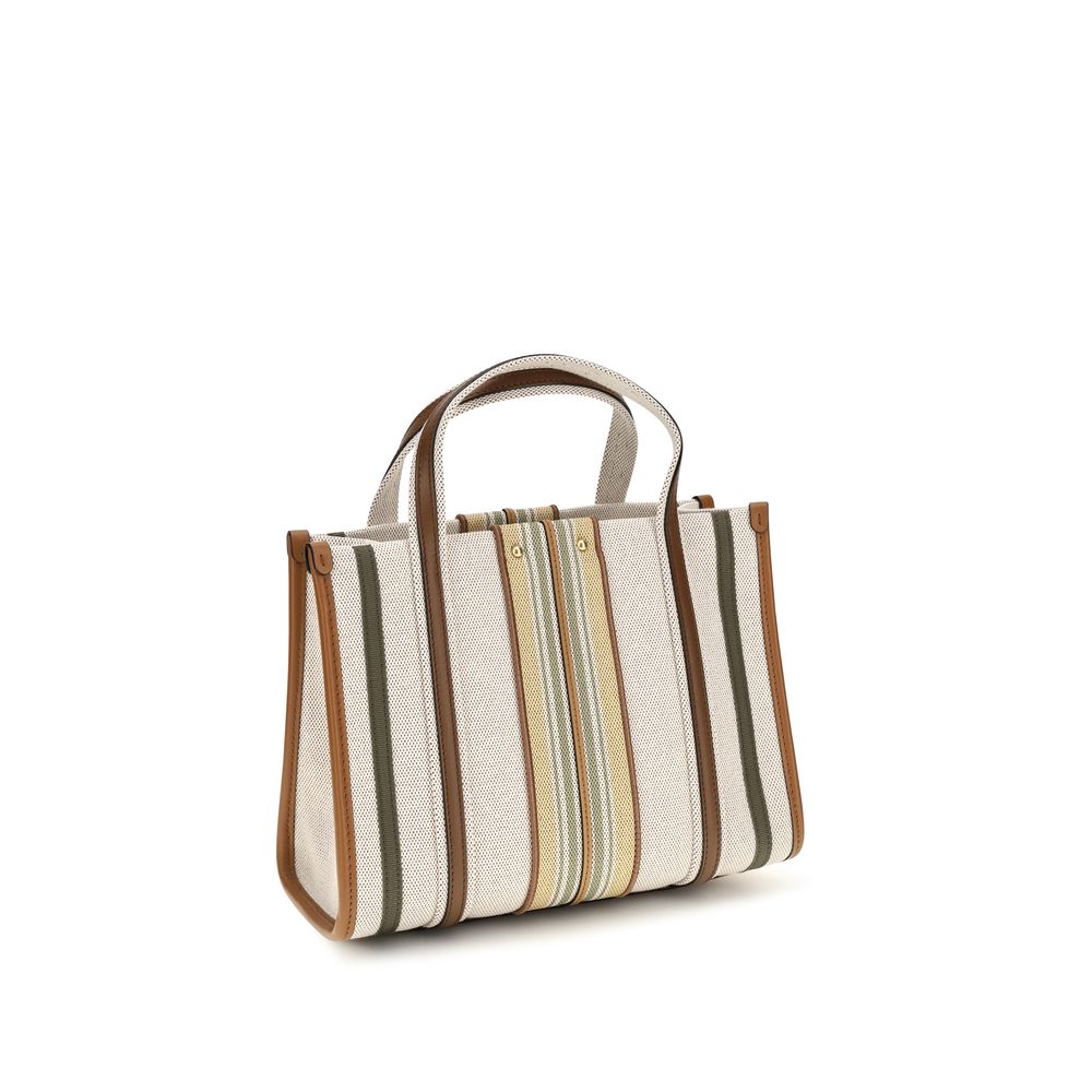 Small 2-in-1 Shoulder & Crossbody Tote Bag by Chloé for women in cotton canvas & calf leather beige & striped presents a versatile silhouette, showcasing a secure magnetic and versatile with versatile crossbody-strap, shoulder-strap, handle, adjustable-strap & belt-strap for a sophisticated look.