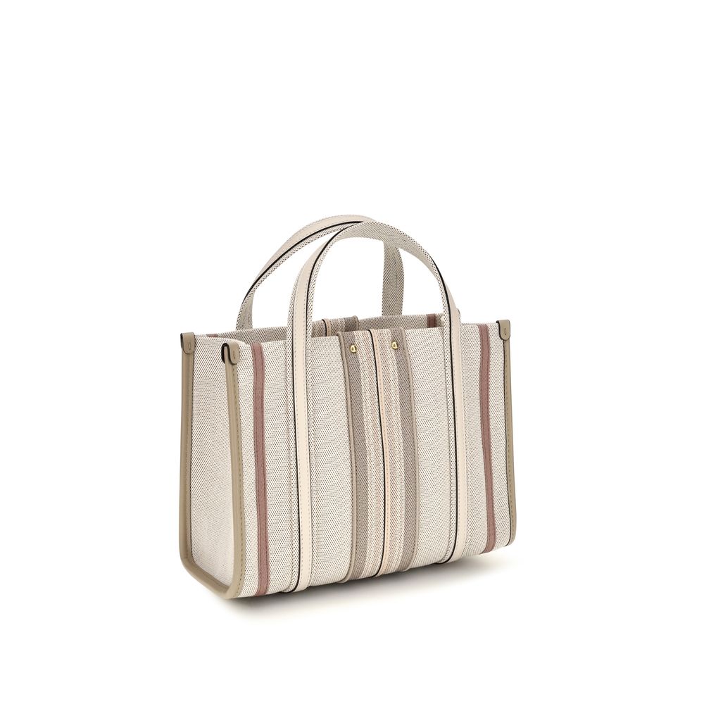 Small 2-in-1 Shoulder & Crossbody Tote Bag by Chloé for women in cotton canvas & calf leather beige & striped features a effortless sophistication silhouette, secured by a magnetic with ample and versatile crossbody-strap, shoulder-strap, handle, adjustable-strap & belt-strap for a effortless sophistication finish.