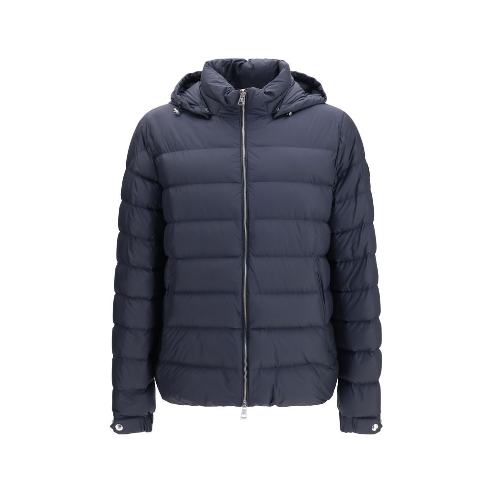 Hooded Puffer Jacket by Moncler for men in polyester nylon leather & goose-down blue presents a effortlessly chic silhouette, showcasing a sophisticated hooded neckline and premium lightweight, pockets, hooded & insulated for a truly effortlessly chic finish.