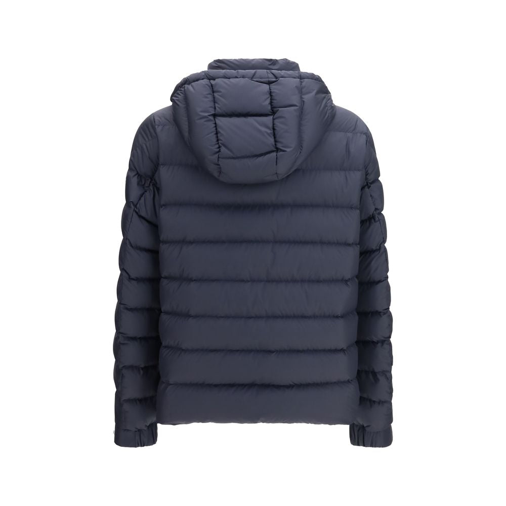 Hooded Puffer Jacket by Moncler for men in polyester nylon leather & goose-down blue features an contemporary silhouette, showcasing a sophisticated hooded neckline and contemporary lightweight, pockets, hooded & insulated for a truly refined look.