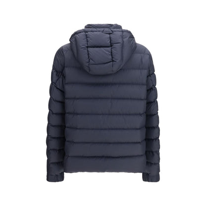 Hooded Puffer Jacket by Moncler for men in polyester nylon leather & goose-down blue features an contemporary silhouette, showcasing a sophisticated hooded neckline and contemporary lightweight, pockets, hooded & insulated for a truly refined look.