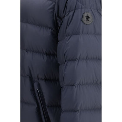 Hooded Puffer Jacket by Moncler for men in polyester nylon leather & goose-down blue showcases a bohemian silhouette, artfully detailed with a bohemian and signature lightweight, pockets, hooded & insulated for a truly bohemian finish.