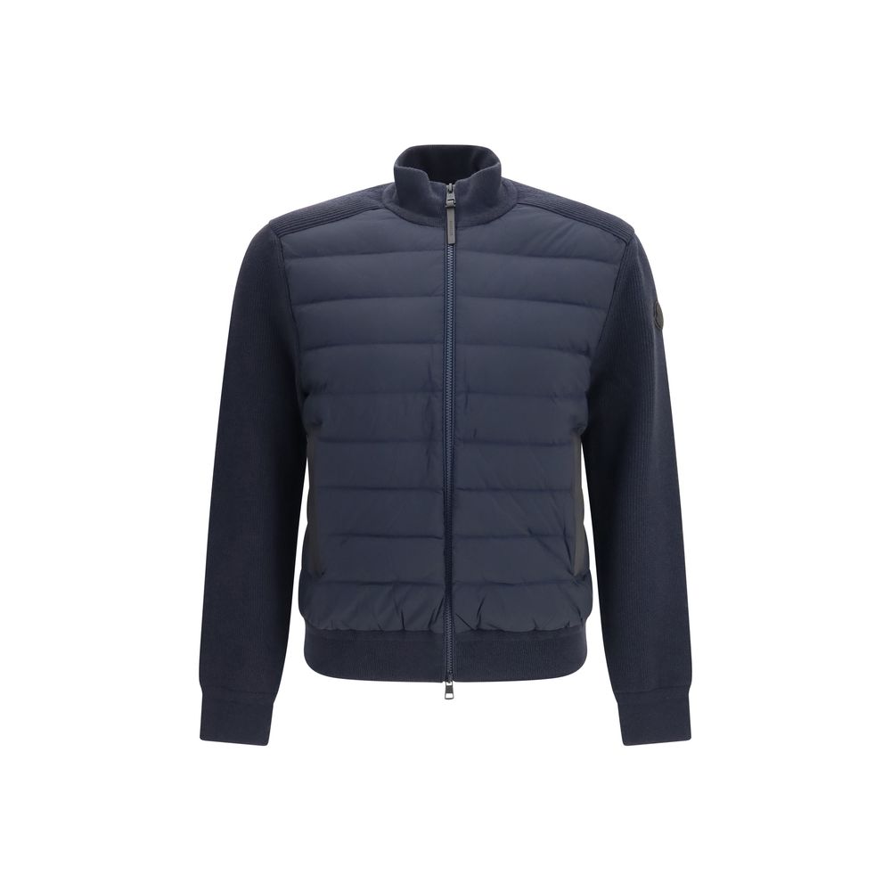 Cardigan by Moncler for men in cashmere wool capra leather & duck down blue features a dramatic silhouette, showcasing a sophisticated high-neck neckline and dramatic detail for a timeless, premium look.