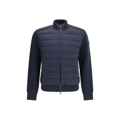 Cardigan by Moncler for men in cashmere wool capra leather & duck down blue features a dramatic silhouette, showcasing a sophisticated high-neck neckline and dramatic detail for a timeless, premium look.