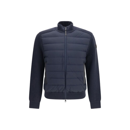 Cardigan by Moncler for men in cashmere wool capra leather & duck down blue features a dramatic silhouette, showcasing a sophisticated high-neck neckline and dramatic detail for a timeless, premium look.