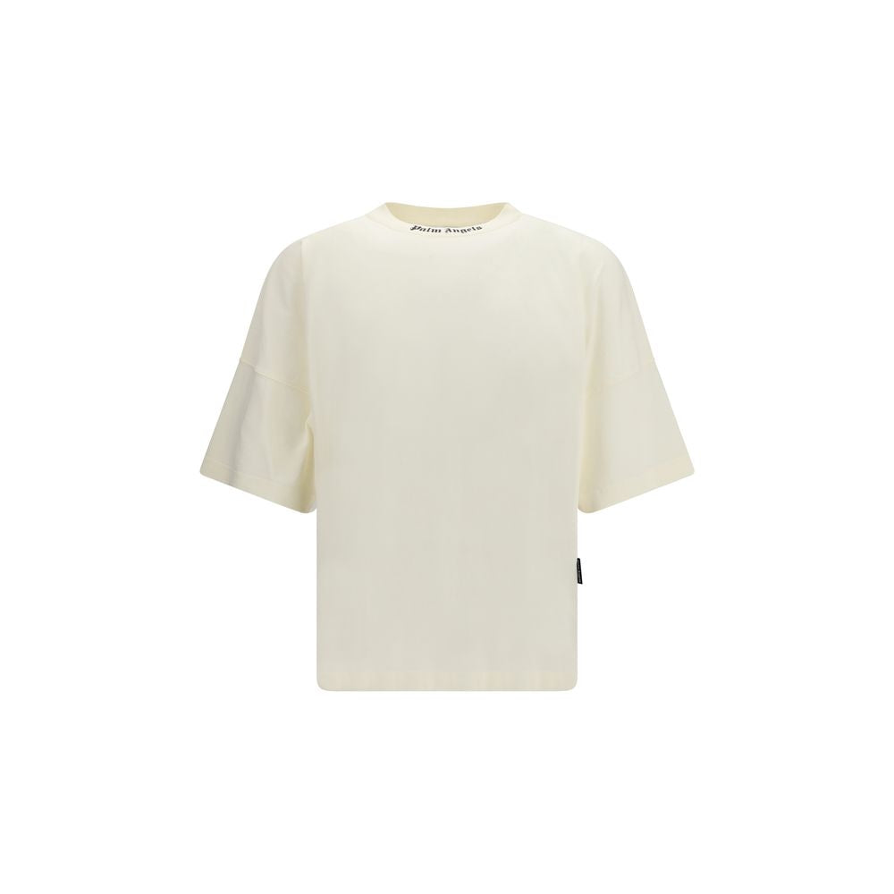 T-Shirt by Palm Angels for men in cotton beige & print showcases a fashionable silhouette, elegantly detailed with a fashionable short-sleeve and crew neckline for a sophisticated, high-fashion look.