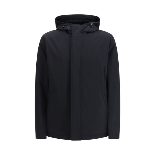 Hooded Windbreaker Jacket by Herno for men in polyester & nylon black features an magnificent silhouette, showcasing the sophisticated hooded neckline and functional pockets, hooded, insulated & windproof for a premium, magnificent look.