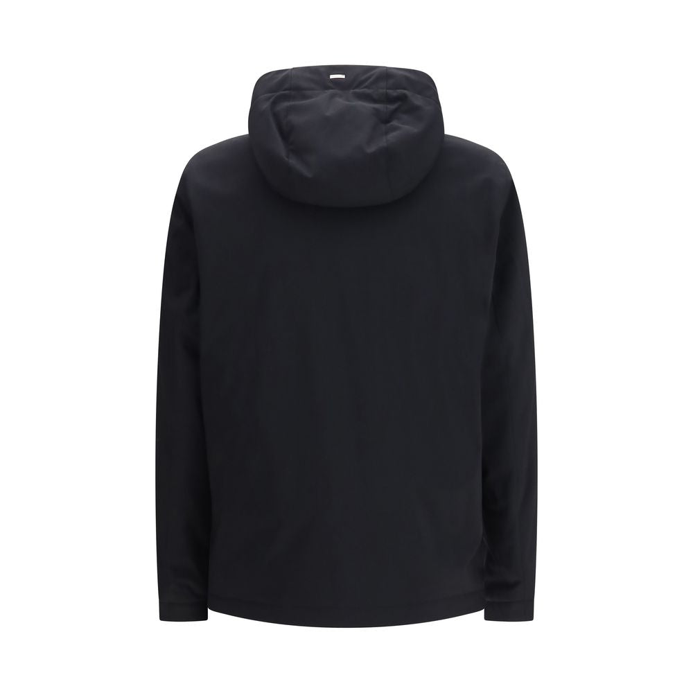 Hooded Windbreaker Jacket by Herno for men in polyester & nylon black features an enduring silhouette, showcasing technical pockets, hooded, insulated & windproof and a sophisticated hooded neckline for a truly enduring aesthetic.