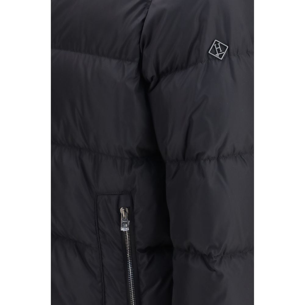 Hooded Puffer Jacket by Herno for men in polyamide & goose-down black & silver features a dramatic silhouette, showcasing a sophisticated hooded neckline and distinctive pockets, hooded, insulated & windproof for a dramatic aesthetic.