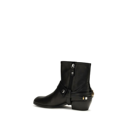 Ankle Strap Boots by PINKO for women in bos taurus calf leather black features an effortless chic silhouette from the Women's Bos Taurus Calf Leather Ankle Strap Boots collection, showcasing a effortless chic and refined oval toe style for an effortless chic look.