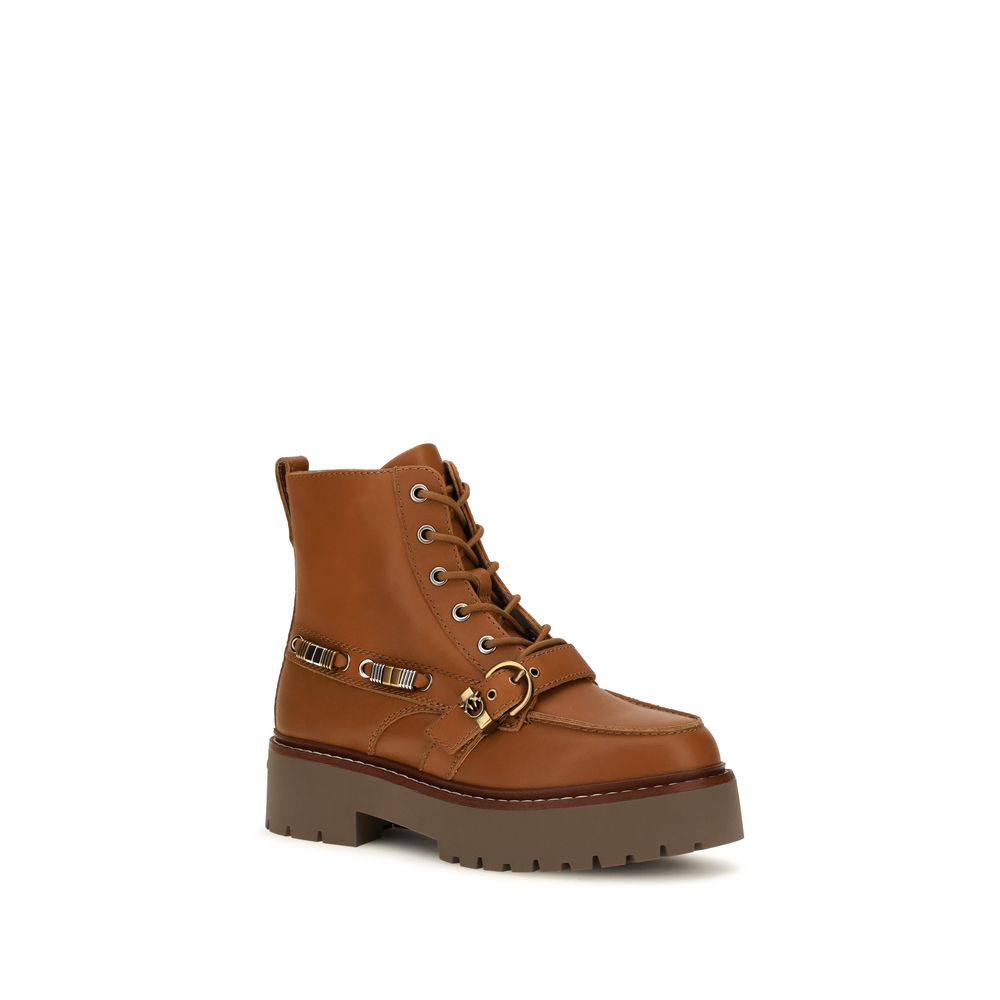 Platform Lace-Up Ankle Strap Boots by PINKO for women in bos taurus calf leather brown showcases a ergonomic silhouette from the Love Birds Women's Bos Taurus Calf Leather Platform Lace-Up Ankle Strap Boots collection, featuring a ergonomic platform and a ergonomic .