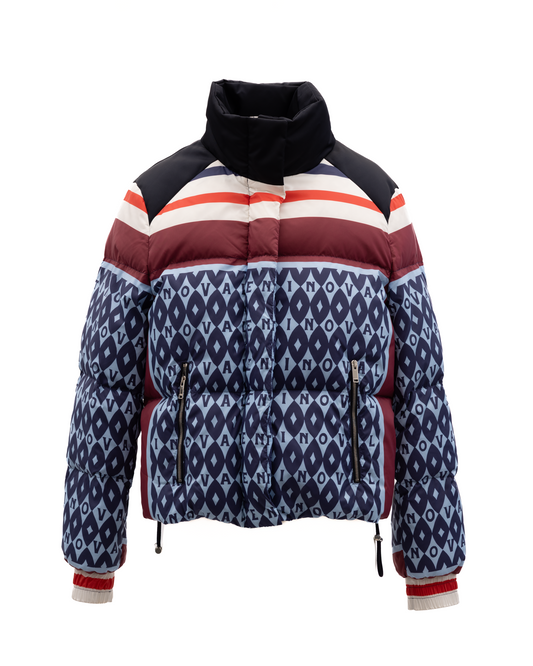 Overcoat by Valentino Garavani for women in wool burgundy, navy, red & white features an voluminous silhouette, showcasing distinct and a voluminous for a truly voluminous aesthetic.