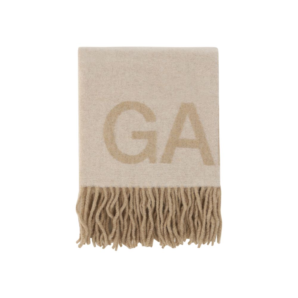 Scarf by Ganni for women in wool white & patterned presents a cosy silhouette, artfully capturing the sophisticated design and premium aesthetic of the Wool Foulard Frayed-Edge Scarf.