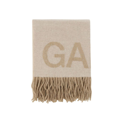 Scarf by Ganni for women in wool white & patterned presents a cosy silhouette, artfully capturing the sophisticated design and premium aesthetic of the Wool Foulard Frayed-Edge Scarf.
