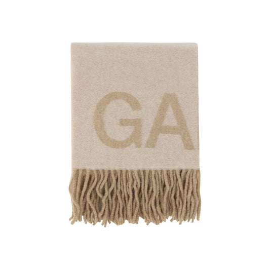 Scarf by Ganni for women in wool white & patterned presents a cosy silhouette, artfully capturing the sophisticated design and premium aesthetic of the Wool Foulard Frayed-Edge Scarf.