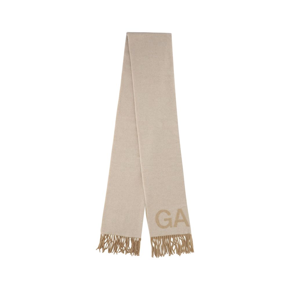 Scarf by Ganni for women in wool white & patterned showcases a on trend silhouette, artfully capturing the on trend essence of the Wool Foulard Frayed-Edge Scarf design with a sophisticated finish.
