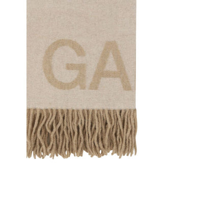 Scarf by Ganni for women in wool white & patterned features a timeless silhouette, artfully capturing the essence of the timeless Wool Foulard Frayed-Edge Scarf design for a sophisticated look.