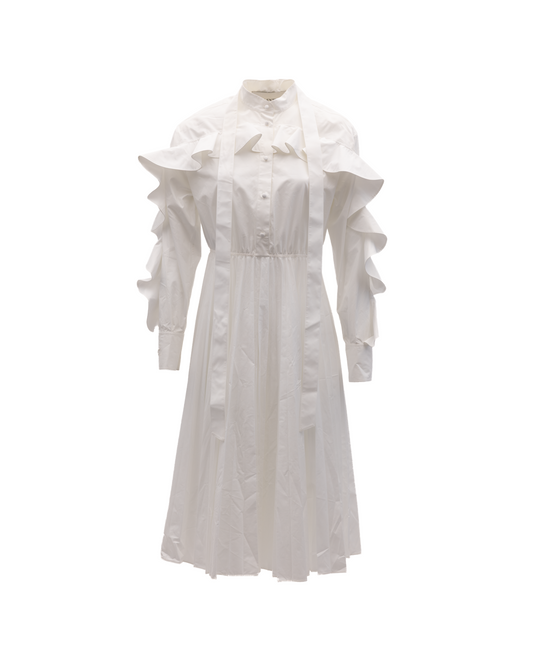 Dress by Valentino Garavani for women in lace white presents a sinuous silhouette, showcasing a sophisticated and long-sleeve detailed with a sinuous long for a refined finish.