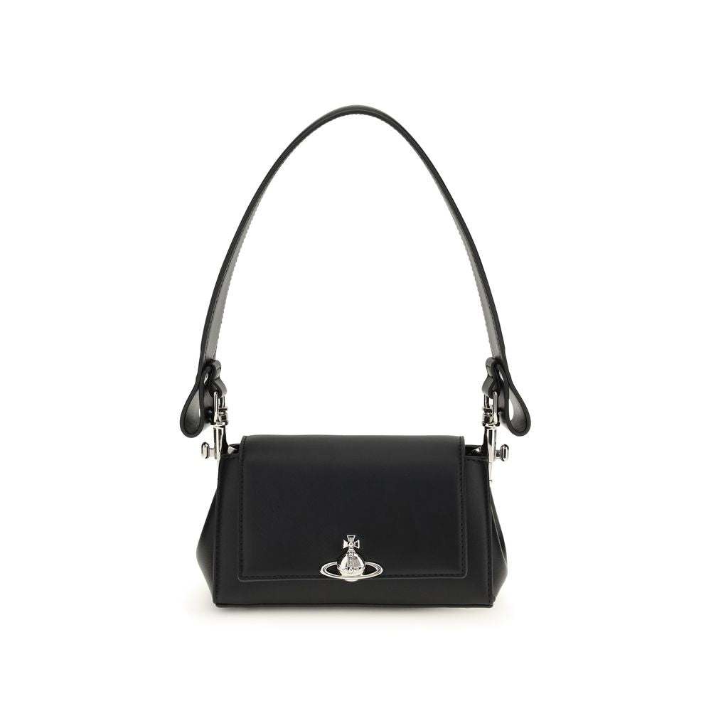 Small Shoulder Flap Bag by Vivienne Westwood for women in polyester polyurethane tu & faux leather black features an effortlessly chic silhouette with a secure flap, magnetic & button, ample , and versatile shoulder-strap & handle for effortlessly chic everyday luxury.
