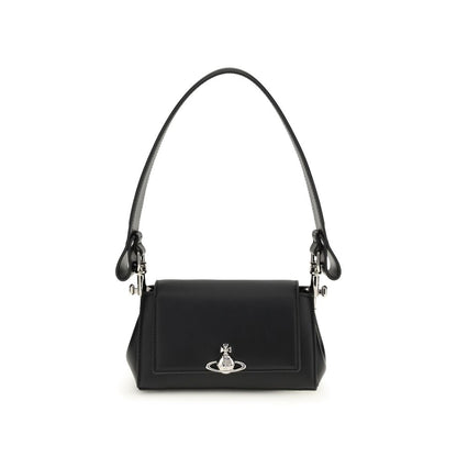 Small Shoulder Flap Bag by Vivienne Westwood for women in polyester polyurethane tu & faux leather black features an effortlessly chic silhouette with a secure flap, magnetic & button, ample , and versatile shoulder-strap & handle for effortlessly chic everyday luxury.