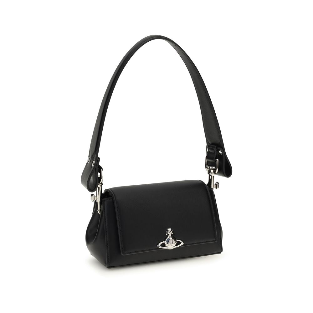 Small Shoulder Flap Bag by Vivienne Westwood for women in polyester polyurethane tu & faux leather black presents a versatile silhouette, showcasing a secure flap, magnetic & button and versatile with versatile shoulder-strap & handle for a sophisticated look.