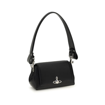 Small Shoulder Flap Bag by Vivienne Westwood for women in polyester polyurethane tu & faux leather black presents a versatile silhouette, showcasing a secure flap, magnetic & button and versatile with versatile shoulder-strap & handle for a sophisticated look.