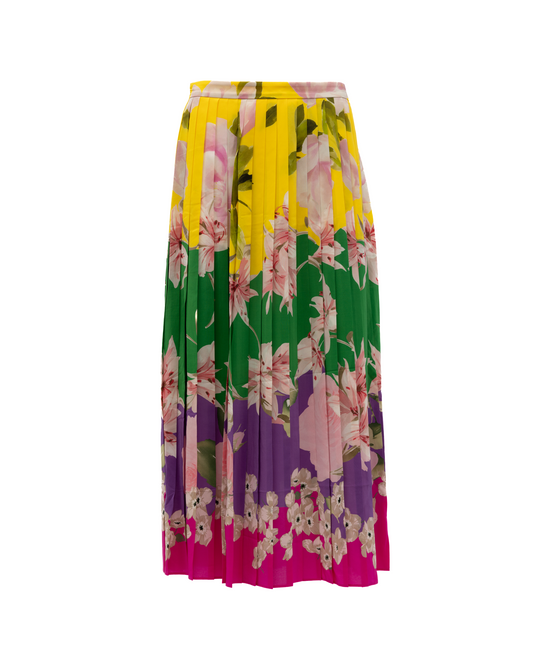 Skirt by Valentino Garavani for women in lace green, pink, purple, yellow & floral showcases a sultry silhouette, elegantly defined by its midi and the sophisticated sultry design of the Women's Pleated Midi Skirt.