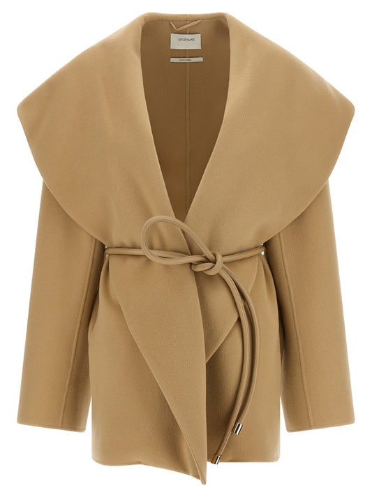 Overcoat by Sportmax for women in virgin wool beige features an voluminous silhouette, showcasing distinct pockets and a voluminous shawl-collar neckline for a truly voluminous aesthetic.
