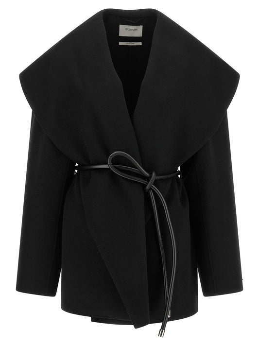 Overcoat by Sportmax for women in virgin wool & leather black features a cosy chic silhouette, artfully detailed with a sophisticated shawl-collar neckline and premium pockets for a cosy chic finish.