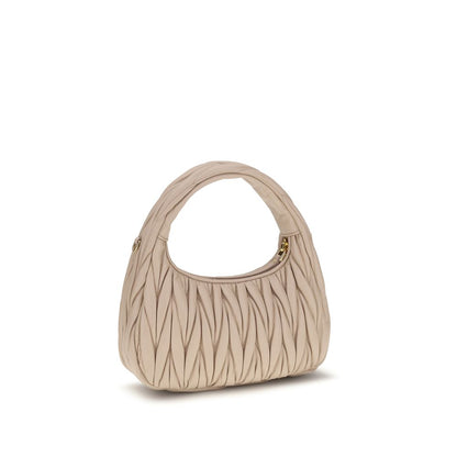 Quilted Hobo Handbag by Miu Miu for women in bos taurus calf leather beige, patterned & monogram presents a ornamental silhouette, showcasing a secure zipper, ample single-compartment, and versatile shoulder-strap for a ornamental finish.