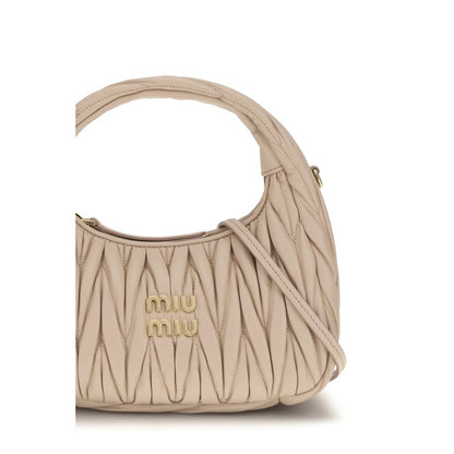 Quilted Hobo Handbag by Miu Miu for women in bos taurus calf leather beige, patterned & monogram features an refined silhouette, showcasing a secure zipper, ample single-compartment, and versatile shoulder-strap for a sophisticated refined aesthetic.